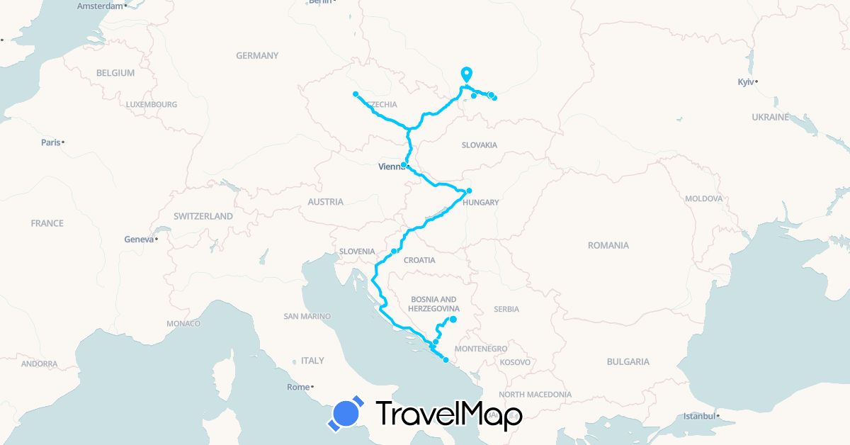 TravelMap itinerary: driving, roadtrip in Austria, Bosnia and Herzegovina, Czech Republic, Croatia, Hungary, Poland (Europe)