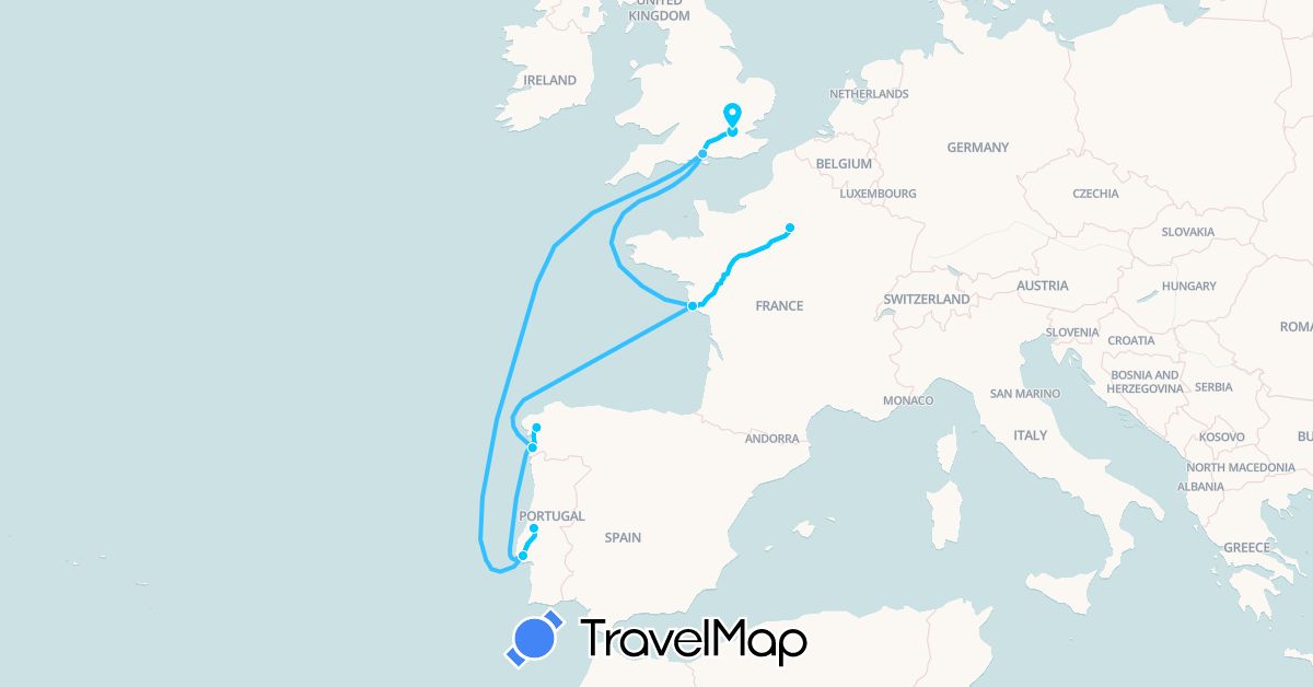 TravelMap itinerary: driving, boat, roadtrip in Spain, France, United Kingdom, Portugal (Europe)