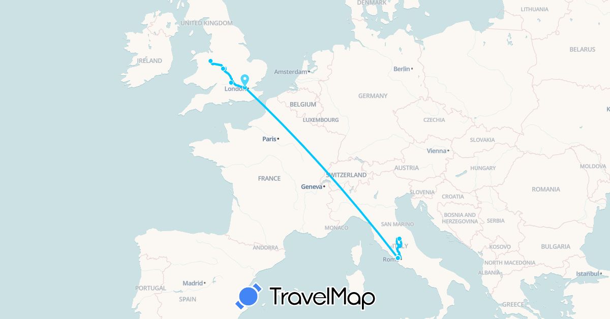 TravelMap itinerary: driving, roadtrip in United Kingdom, Italy (Europe)