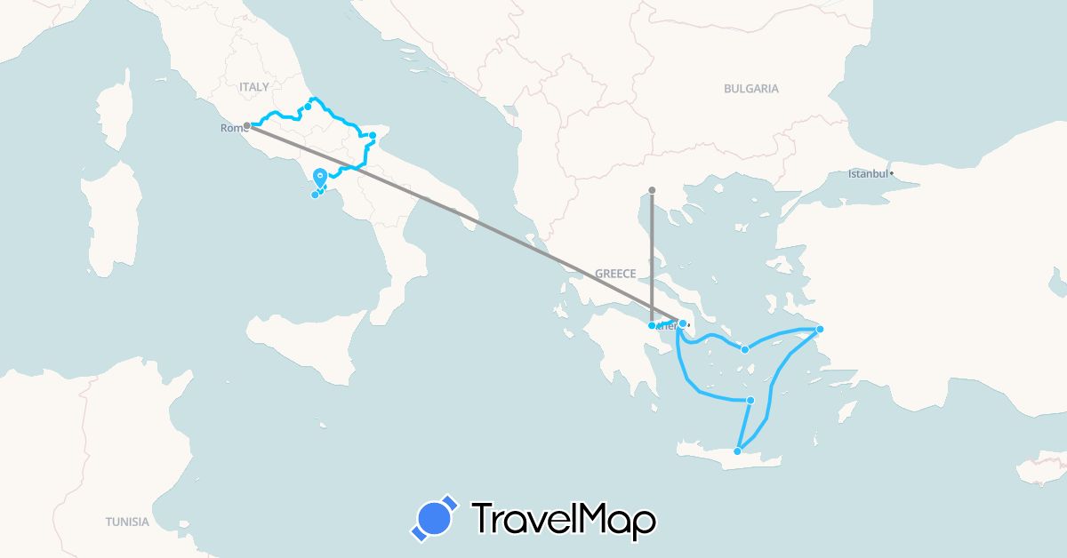 TravelMap itinerary: driving, plane, boat, roadtrip in Greece, Italy, Turkey (Asia, Europe)
