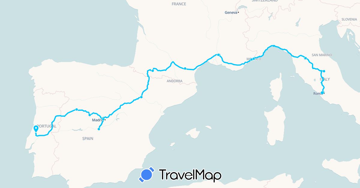 TravelMap itinerary: driving, roadtrip in Spain, France, Italy, Monaco, Portugal (Europe)