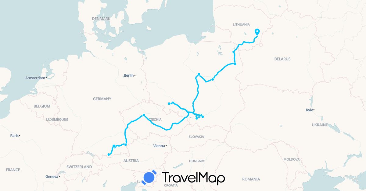 TravelMap itinerary: driving, roadtrip in Czech Republic, Germany, Lithuania, Poland (Europe)