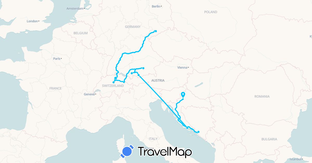 TravelMap itinerary: driving, roadtrip in Bosnia and Herzegovina, Switzerland, Germany, Croatia (Europe)