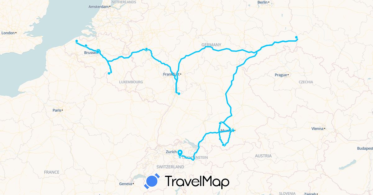 TravelMap itinerary: driving, roadtrip in Belgium, Switzerland, Germany (Europe)