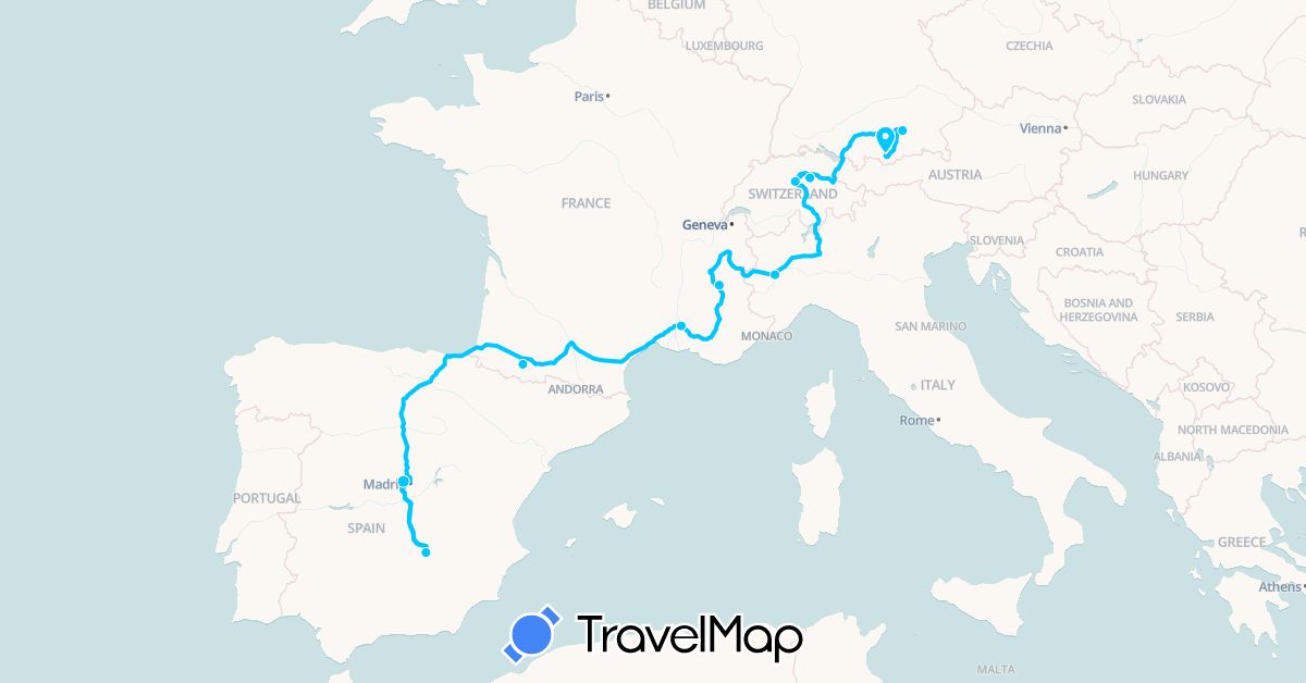 TravelMap itinerary: driving, roadtrip in Switzerland, Germany, Spain, France, Italy (Europe)