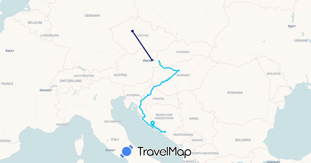 TravelMap itinerary: driving, roadtrip in Austria, Bosnia and Herzegovina, Czech Republic, Croatia, Hungary (Europe)
