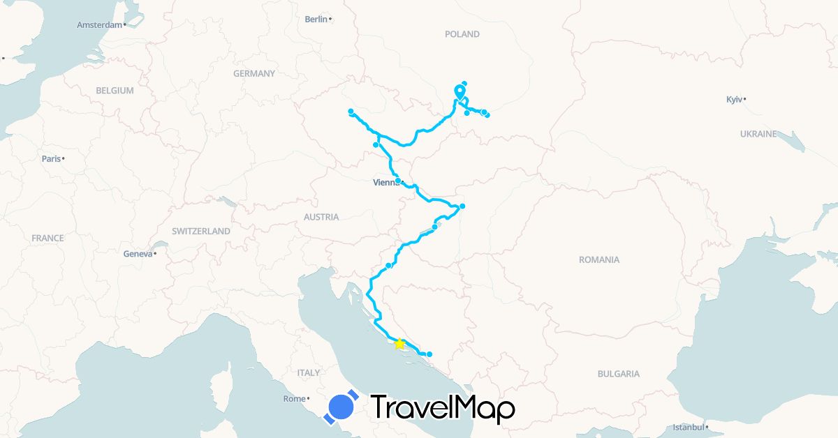 TravelMap itinerary: driving, roadtrip in Austria, Bosnia and Herzegovina, Czech Republic, Croatia, Hungary, Poland (Europe)