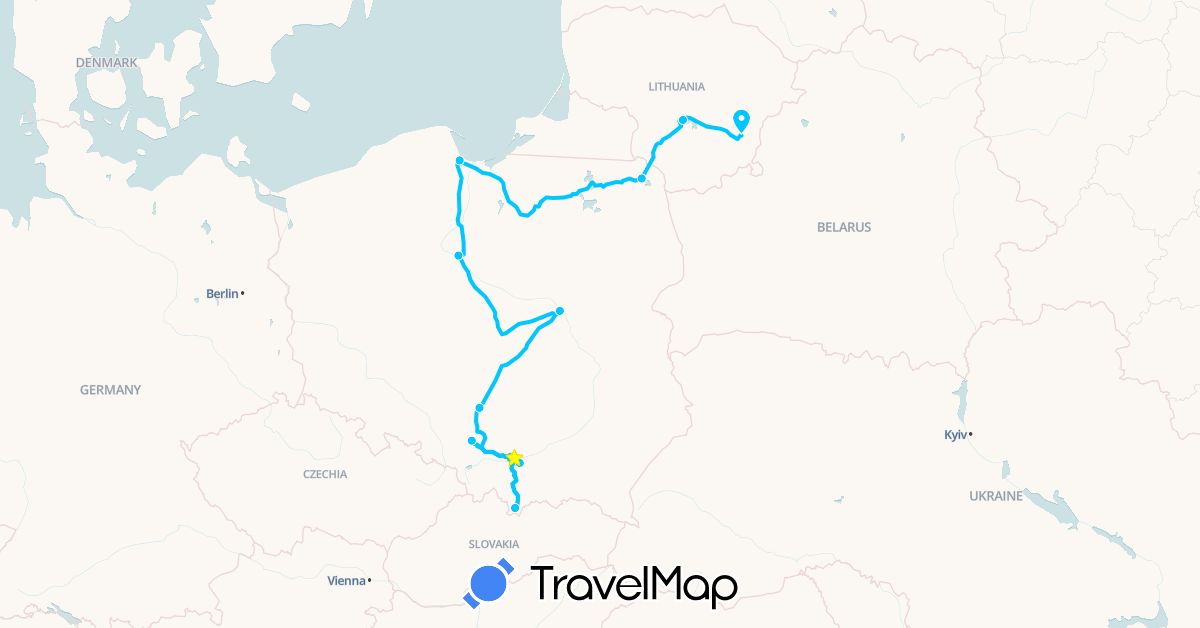 TravelMap itinerary: driving, roadtrip in Lithuania, Poland (Europe)