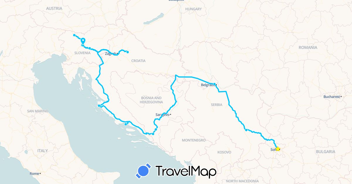 TravelMap itinerary: driving, roadtrip in Bosnia and Herzegovina, Bulgaria, Croatia, Serbia, Slovenia (Europe)