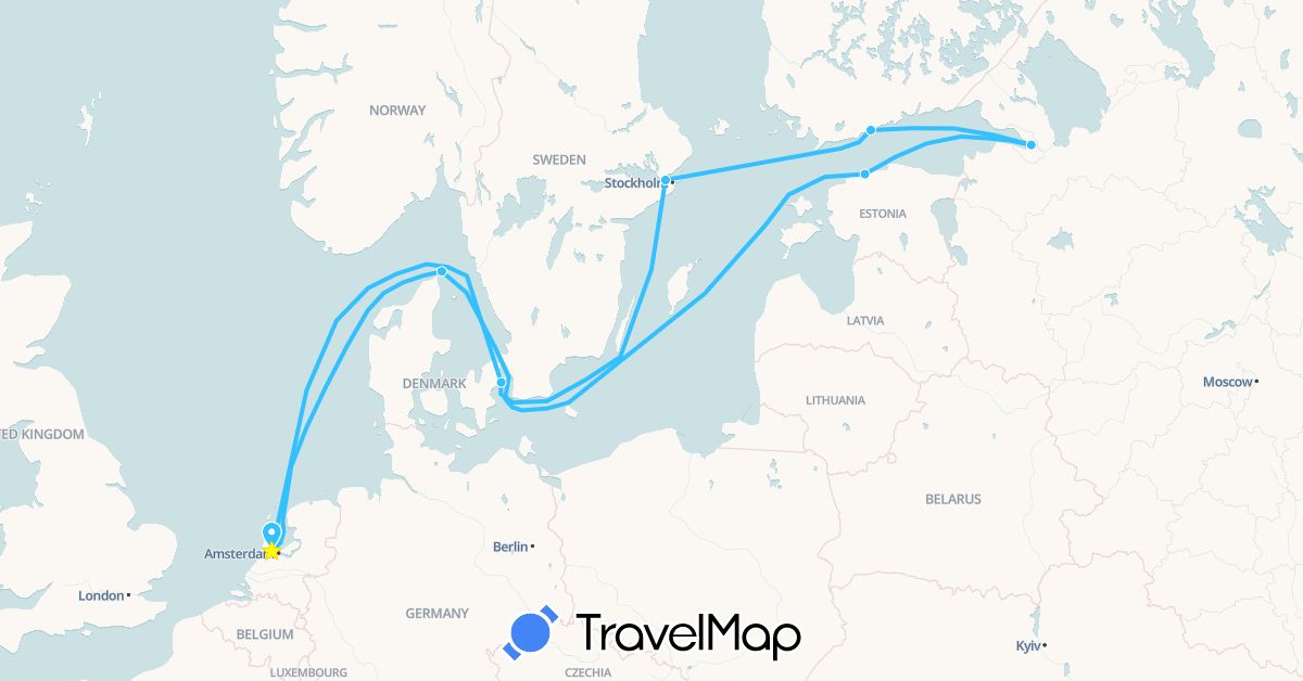 TravelMap itinerary: driving, boat in Denmark, Estonia, Finland, Netherlands, Russia, Sweden (Europe)