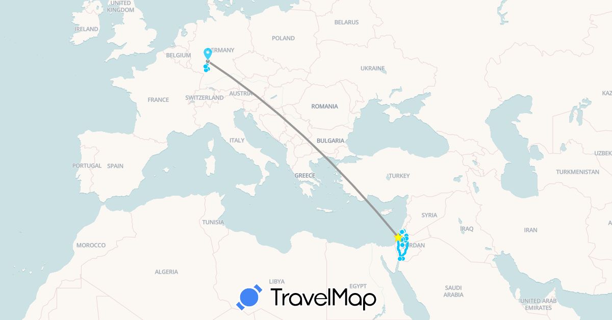 TravelMap itinerary: driving, plane, roadtrip in Germany, Israel, Jordan, Palestinian Territories (Asia, Europe)