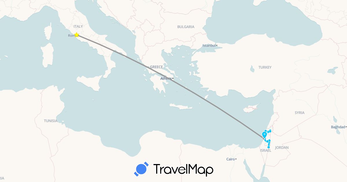 TravelMap itinerary: driving, plane, roadtrip in Israel, Italy, Palestinian Territories (Asia, Europe)