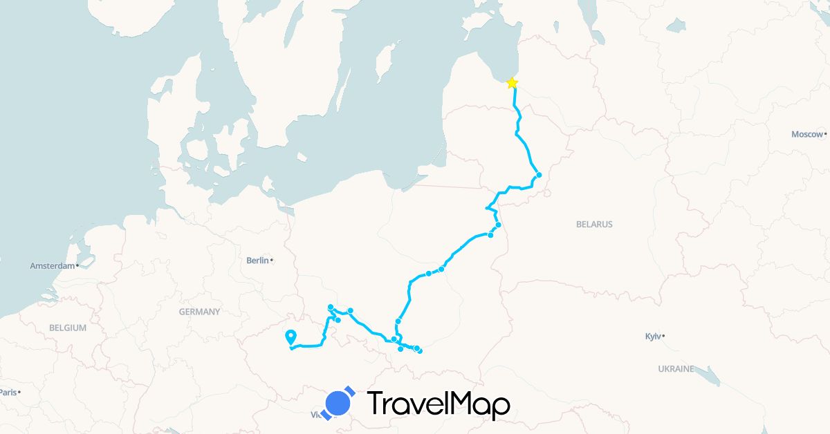 TravelMap itinerary: driving, roadtrip in Czech Republic, Lithuania, Latvia, Poland (Europe)