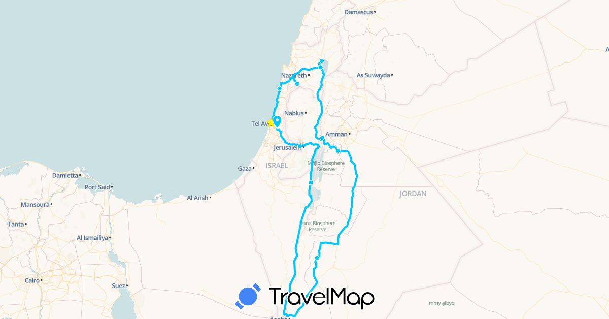 TravelMap itinerary: driving, roadtrip in Israel, Jordan, Palestinian Territories (Asia)
